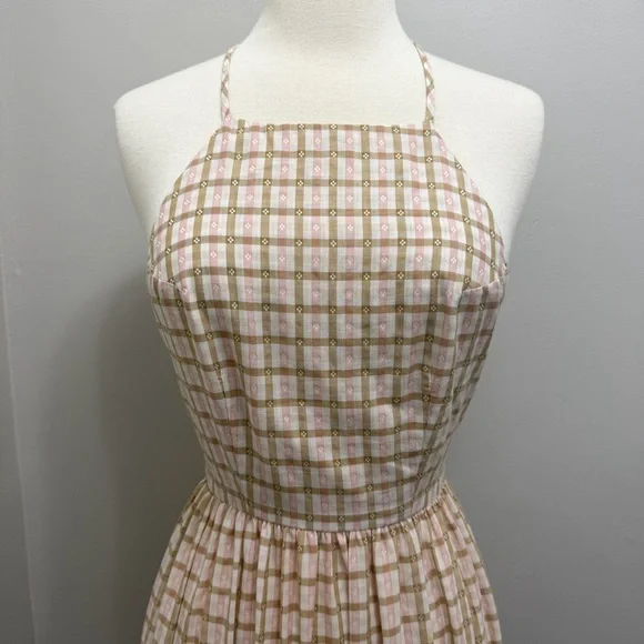 *SOLD*Christy Dawn Delphine Midi Tiered Sun Dress in Snapdragon Gingham Pink Tan - Picture 4 of 11